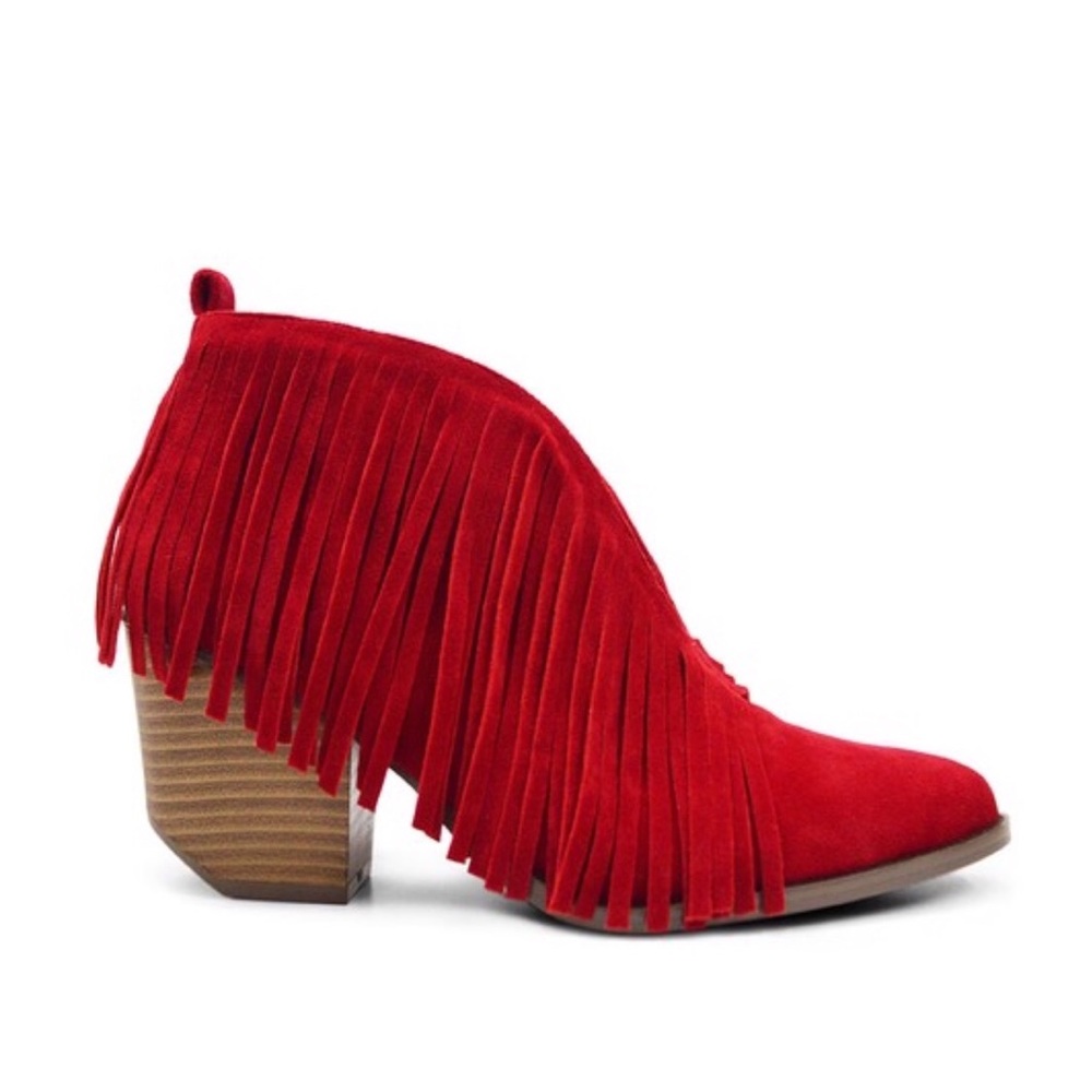 Red V Fringe BOOTIES Ankle Shoes Suede Block Heels